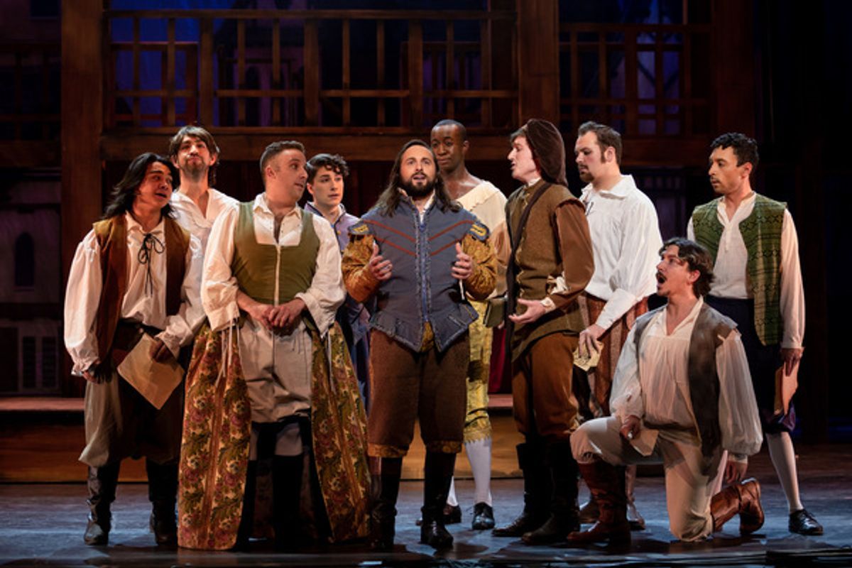 Tyler Marshall, Justin Michael Wilcox, Frankie Zabilka (center three), and the company of Something Rotten!  at 