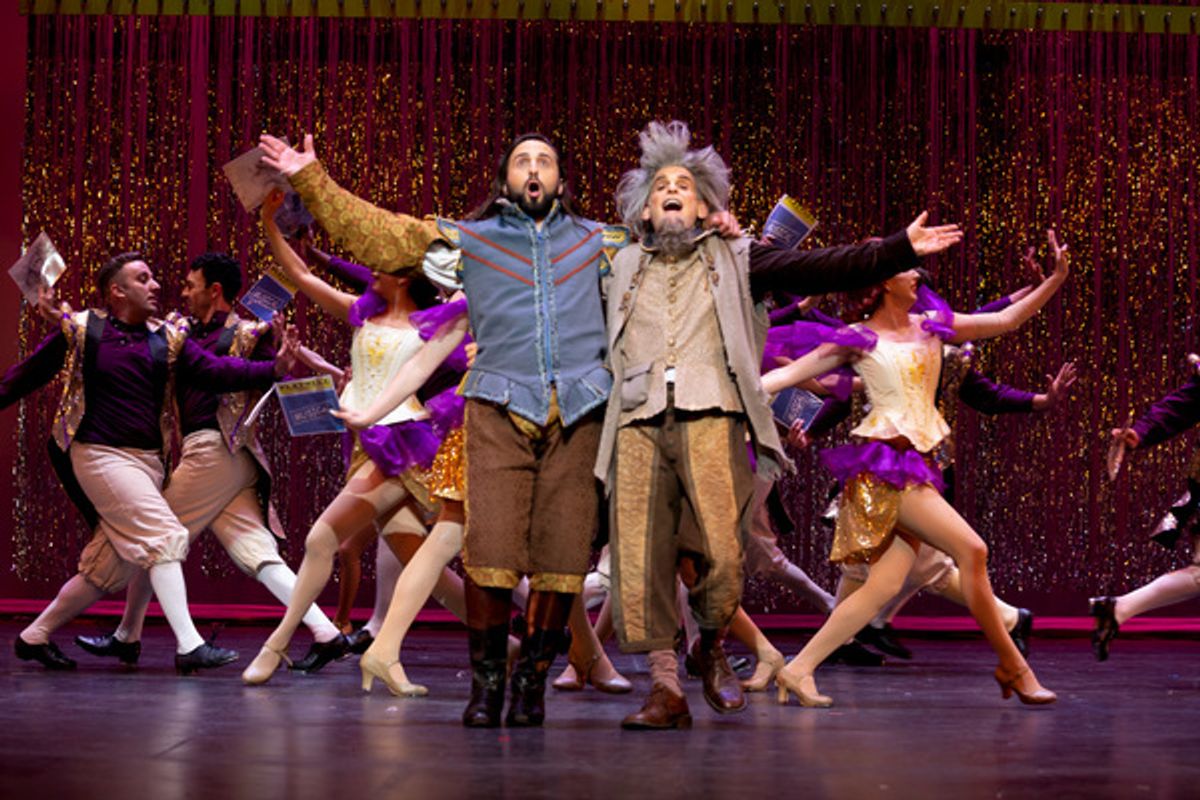 Justin Michael Wilcox, Randy Brenner (center), and the company of Something Rotten! at 