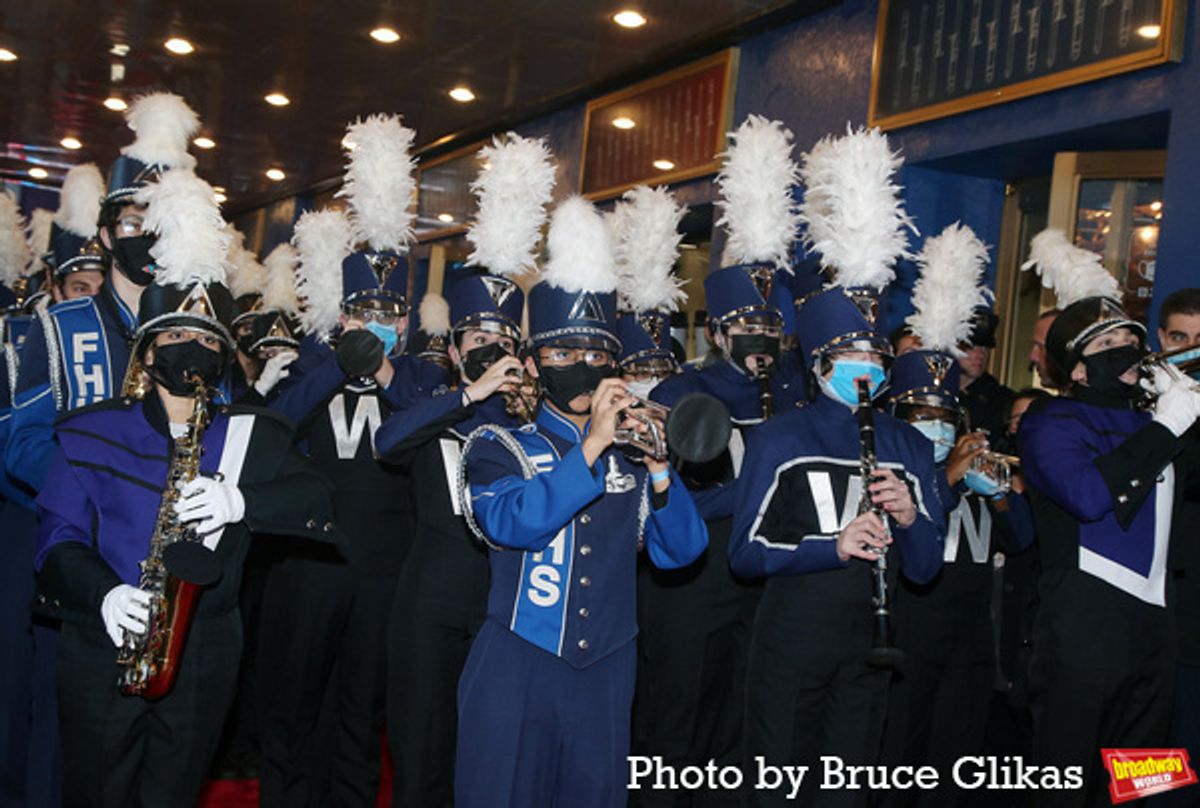 New York City High School Marching Band play in front of The Winter Garden Theater at Photos: The Stars Arrive at Opening Night of THE MUSIC MAN