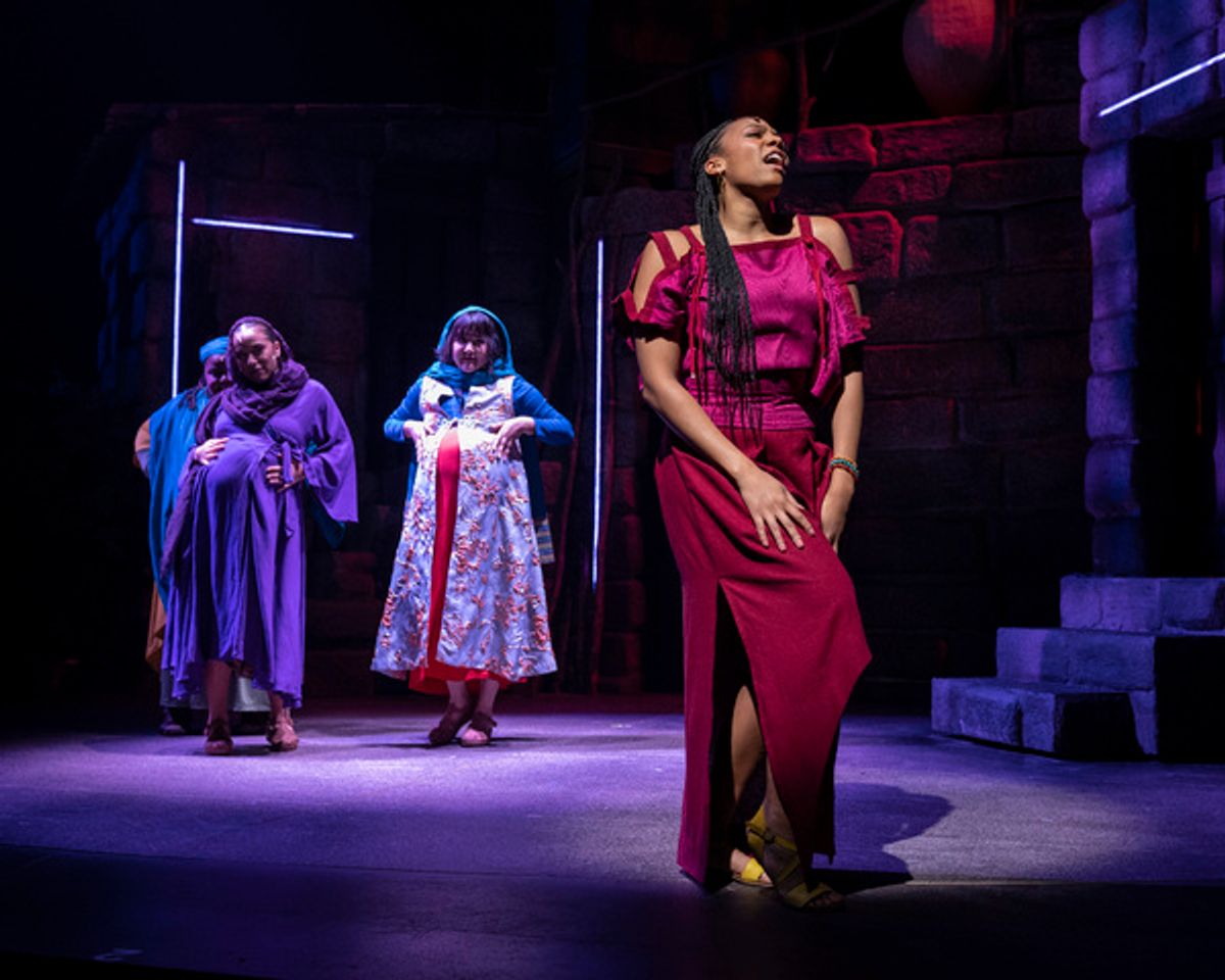 Phoenix Best as Mary backed by the Nazarene Girls (Jade Jones, Adelina Mitchell, and Chani Wereley) in 'A.D. 16' at Olney Theatre Center.
 at 