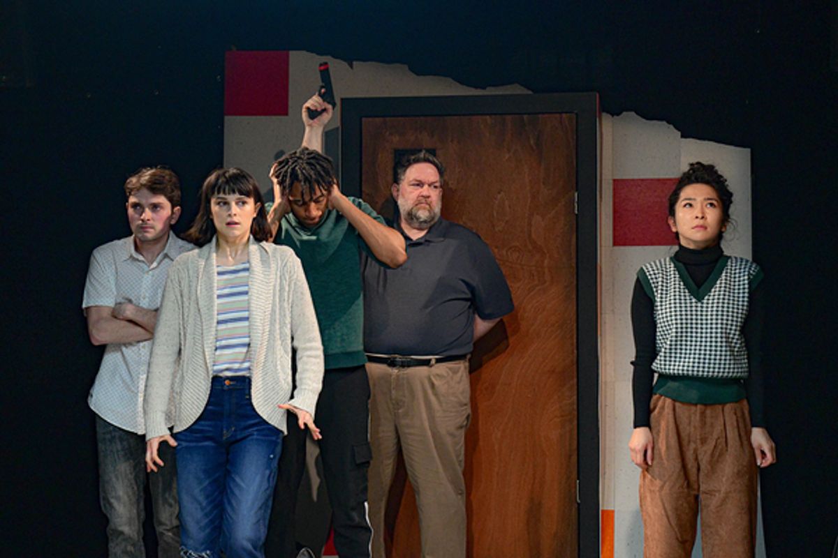 Graham Helfrick, Sophia Vitello, Austyn Williamson, Christopher M. Walsh and Zhanna Albertini in Broken Nose Theatre’s world premiere of This Is Only a Test at 