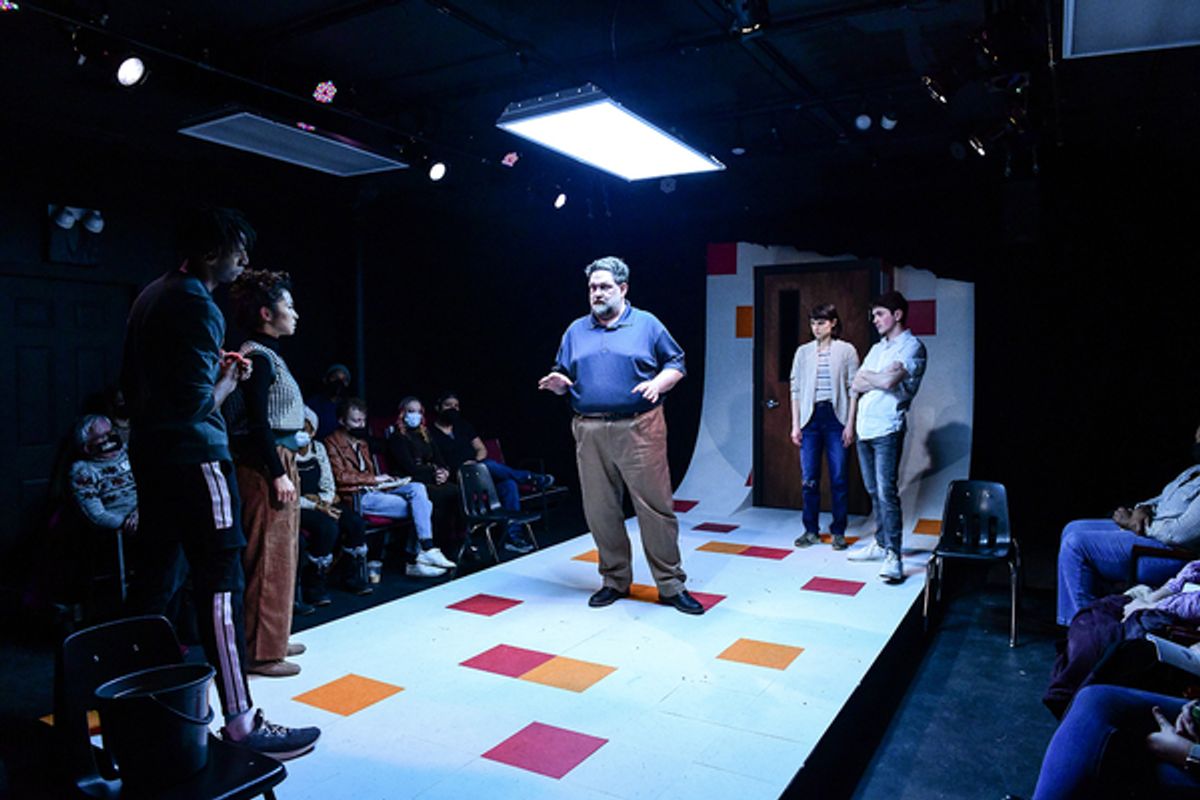 Austyn Williamson, Zhanna Albertini, Christopher M. Walsh, Sophia Vitello and Graham Helfrick in Broken Nose Theatre’s world premiere of This Is Only a Test at 
