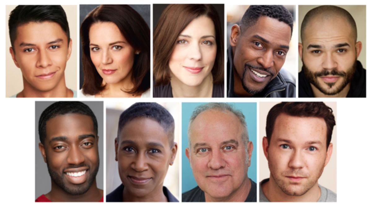 The cast of SWEAT featuring Jordan Anthony Arredondo (Oscar), Tiffany Bedwell (Tracie), Linda Gillum (Tracy), Joshua L. Green (Brucie), Bryant Hayes (Evan), Emmanuel K. Jackson (Chris), Shariba Rivers (Cynthia), Randy Steinmeyer (Stan), and Gage Wallace (Jason).  at 