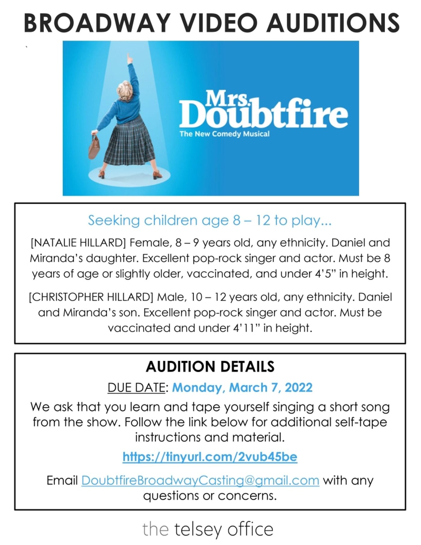 MRS. DOUBTFIRE Will Hold Video Open Call for Kids 8-12  Image