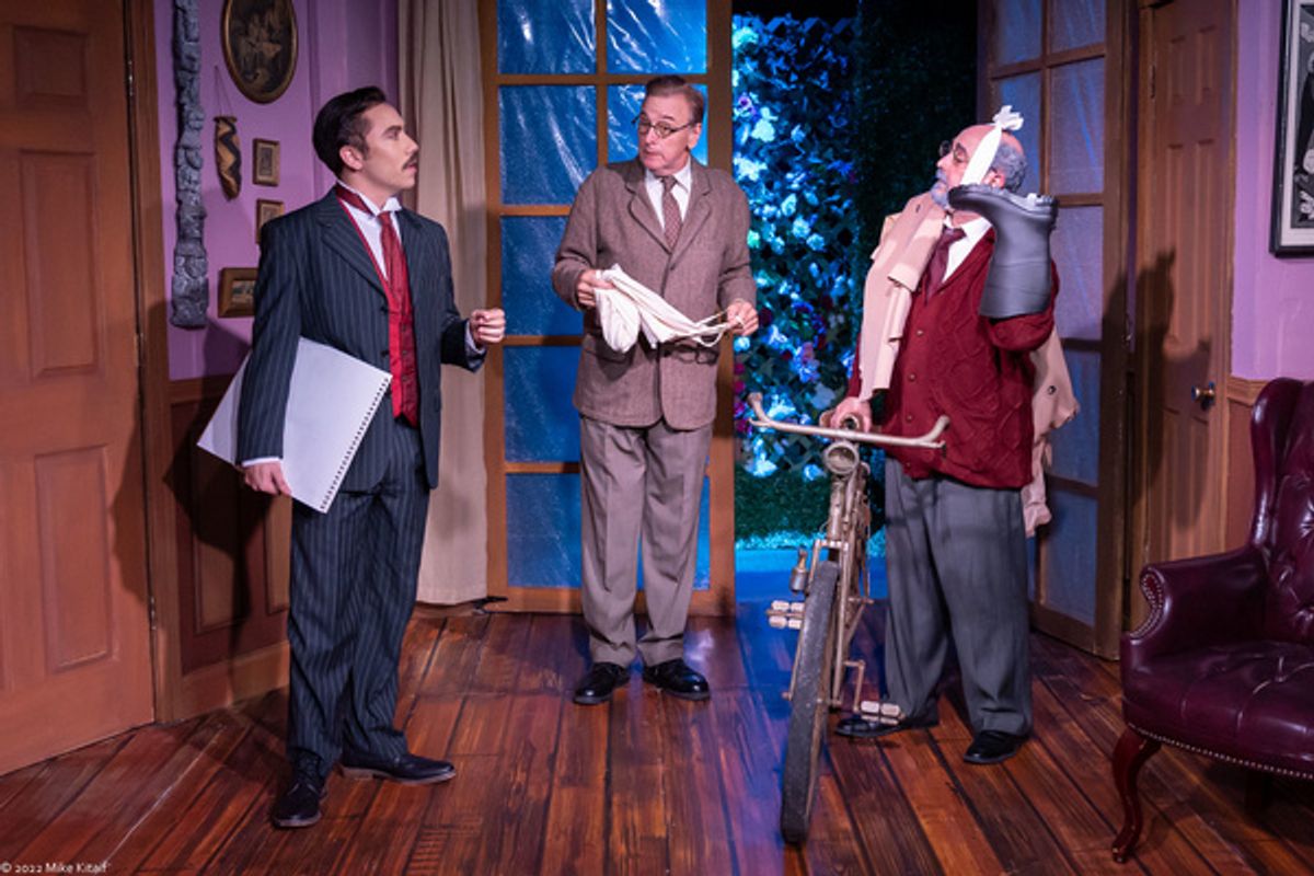 Gabriel Garcia, left, as Salvador Dal , Joseph Zimmer, center, as Dr. Abraham Yahuda, and Thomas Muniz, right, as Sigmund Freud in HYSTERIA.    Photo Credit: Mike Kitaif at 