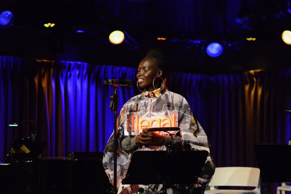 Mari Malek, celebrating the launch of Darrel Alejandro Holnes? Stepmotherland at Thomas March?s Poetry/Cabaret, NYC?s ?variety salon?, Feb 25th, at The Green Room 42. at 