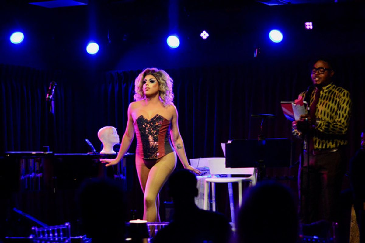 Lyra Vega and Darrel Alejandro Holnes, celebrating the launch of Holnes? Stepmotherland at Thomas March?s Poetry/Cabaret, NYC?s ?variety salon?, Feb 25th, at The Green Room 42. at 