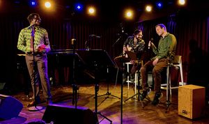 Darrel Alejandro Holnes, Michael Manzi, and Carl Ciaramitaro, celebrating the launch of Holnes? Stepmotherland at Thomas March?s Poetry/Cabaret, NYC?s ?variety salon?, Feb 25th, at The Green Room 42. @ BroadwayWorld Darrel Alejandro Holnes, Michael Manzi, and Carl Ciaramitaro, celebrating the launch Photo