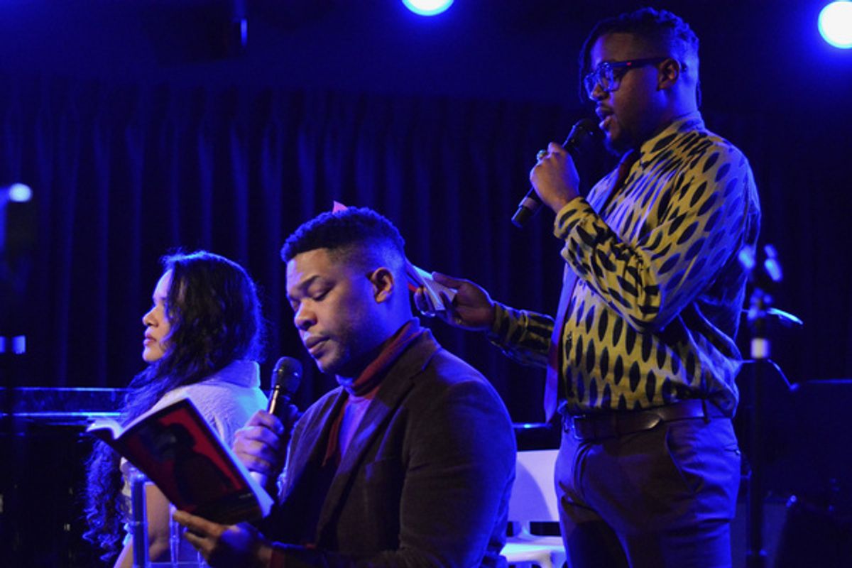 Christin Eve Cato, Andres Pina, and Darrel Alejandro Holnes, celebrating the launch of Holnes? Stepmotherland at Thomas March?s Poetry/Cabaret, NYC?s ?variety salon?, Feb 25th, at The Green Room 42. at 