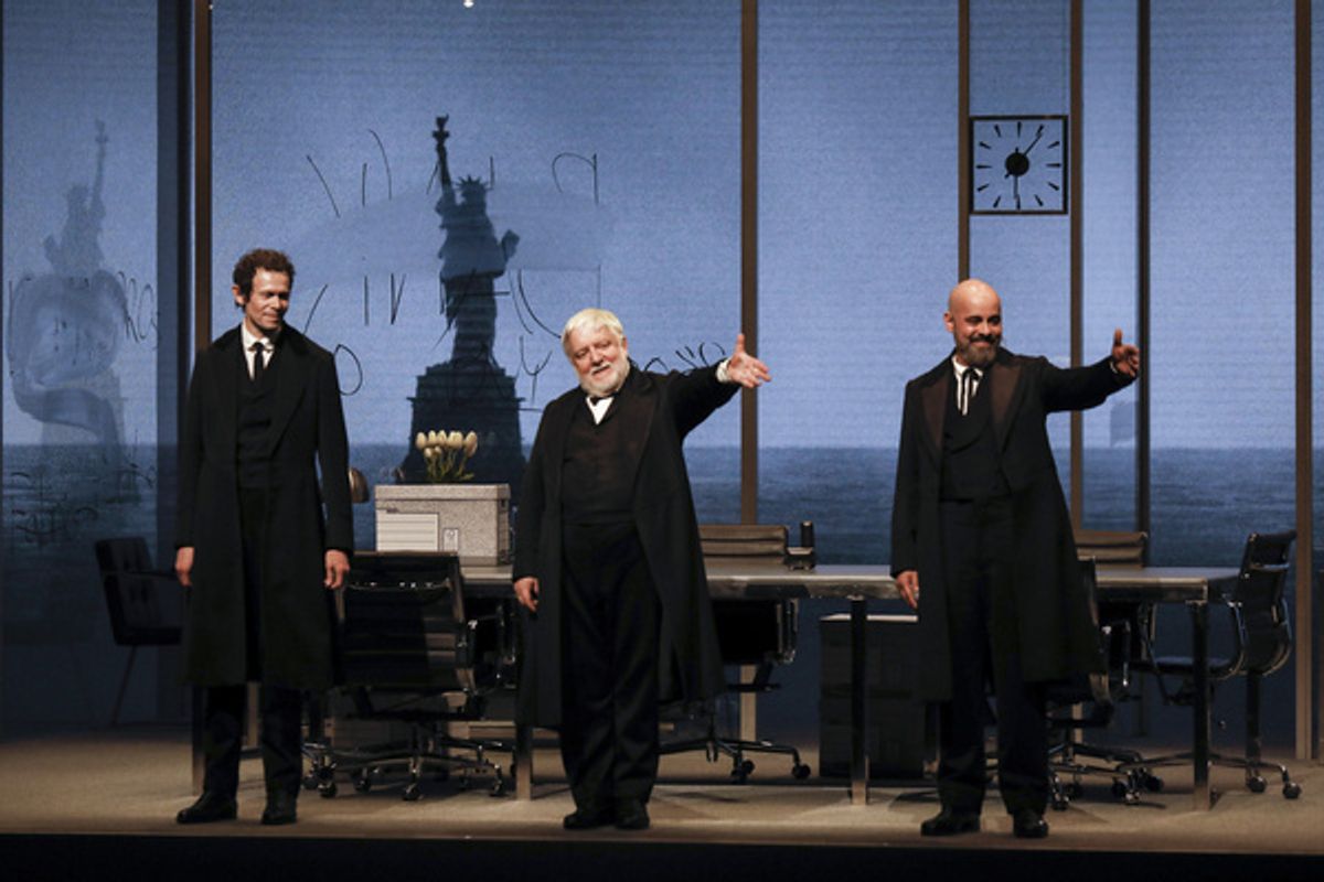 From left, cast members Adam Godley, Simon Russell Beale, and Howard W. Overshown during the curtain call for the opening night performance of ?The Lehman Trilogy? at Center Theatre Group/Ahmanson The at 