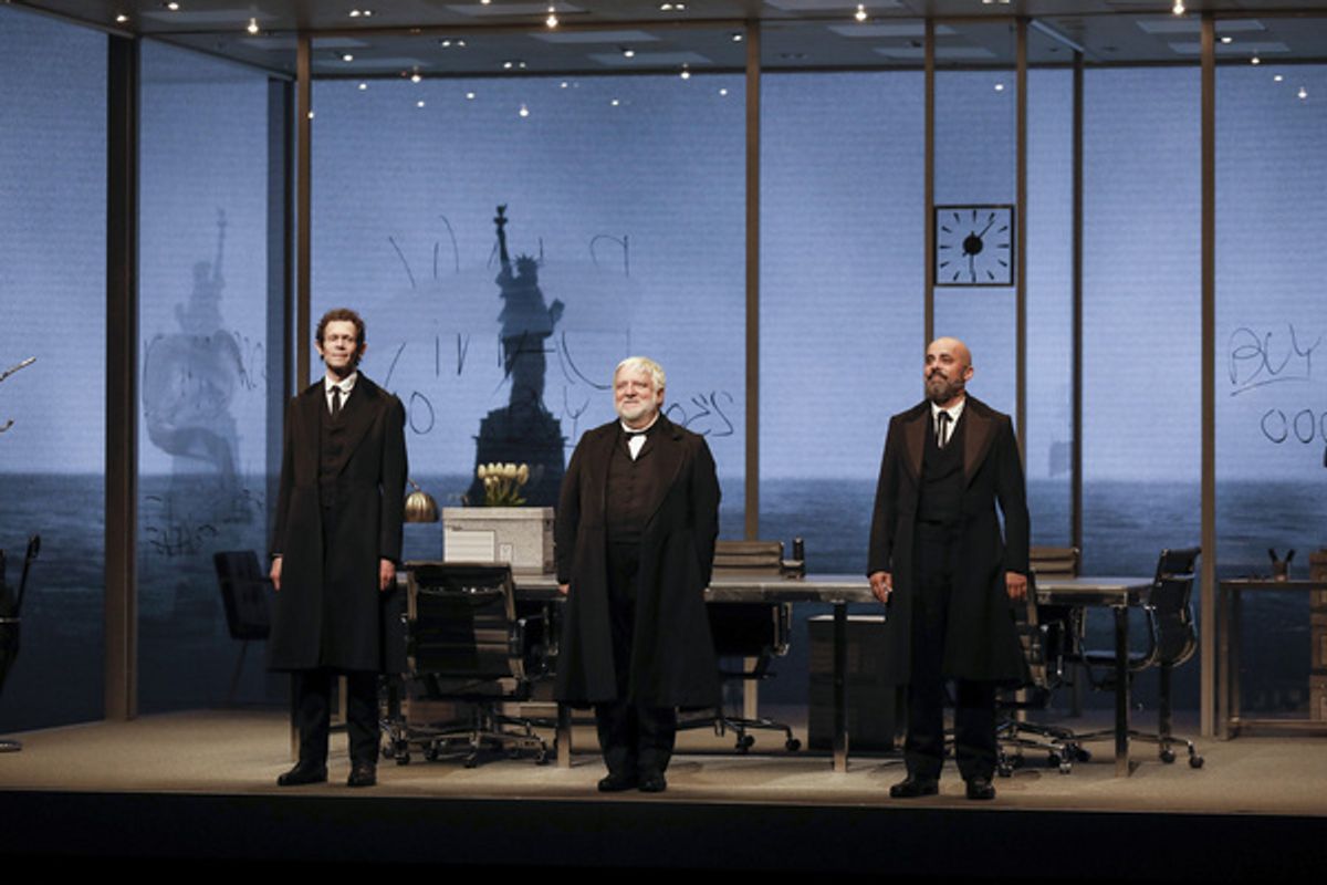 From left, cast members Adam Godley, Simon Russell Beale, and Howard W. Overshown during the curtain call for the opening night performance of ?The Lehman Trilogy? at Center Theatre Group/Ahmanson The at 