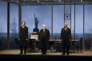 From left, cast members Adam Godley, Simon Russell Beale, and Howard W. Overshown during the curtain call for the opening night performance of ?The Lehman Trilogy? at Center Theatre Group/Ahmanson The @ BroadwayWorld From left, cast members Adam Godley, Simon Russell Beale, and Howard W. Overshown dur Photo