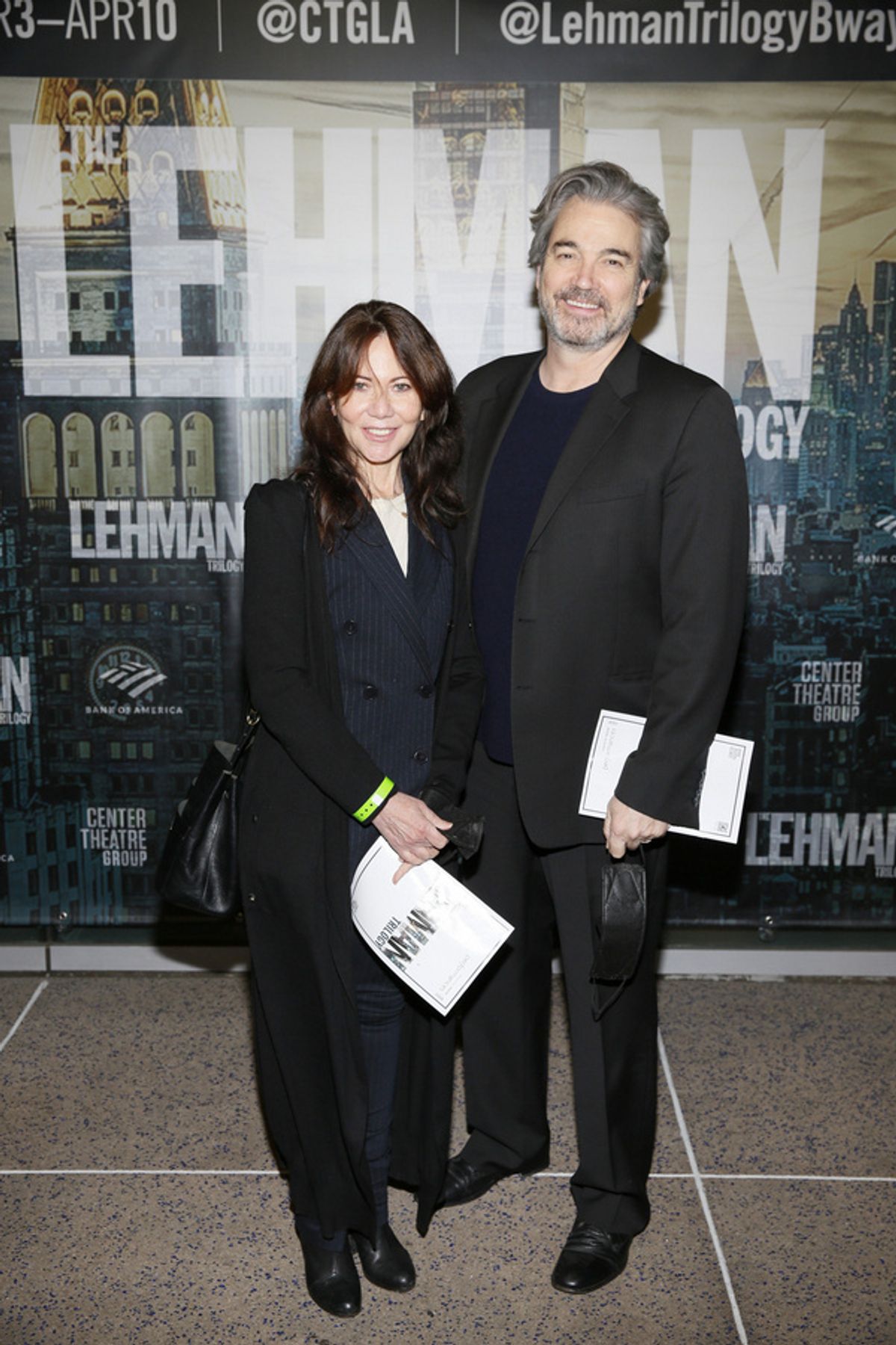 From left, film producer Leslie Urdang and actor Jon Tenney arrive for the opening night performance of ?The Lehman Trilogy? at Center Theatre Group/Ahmanson Theatre on March 6, 2022, in Los Angeles,  at 