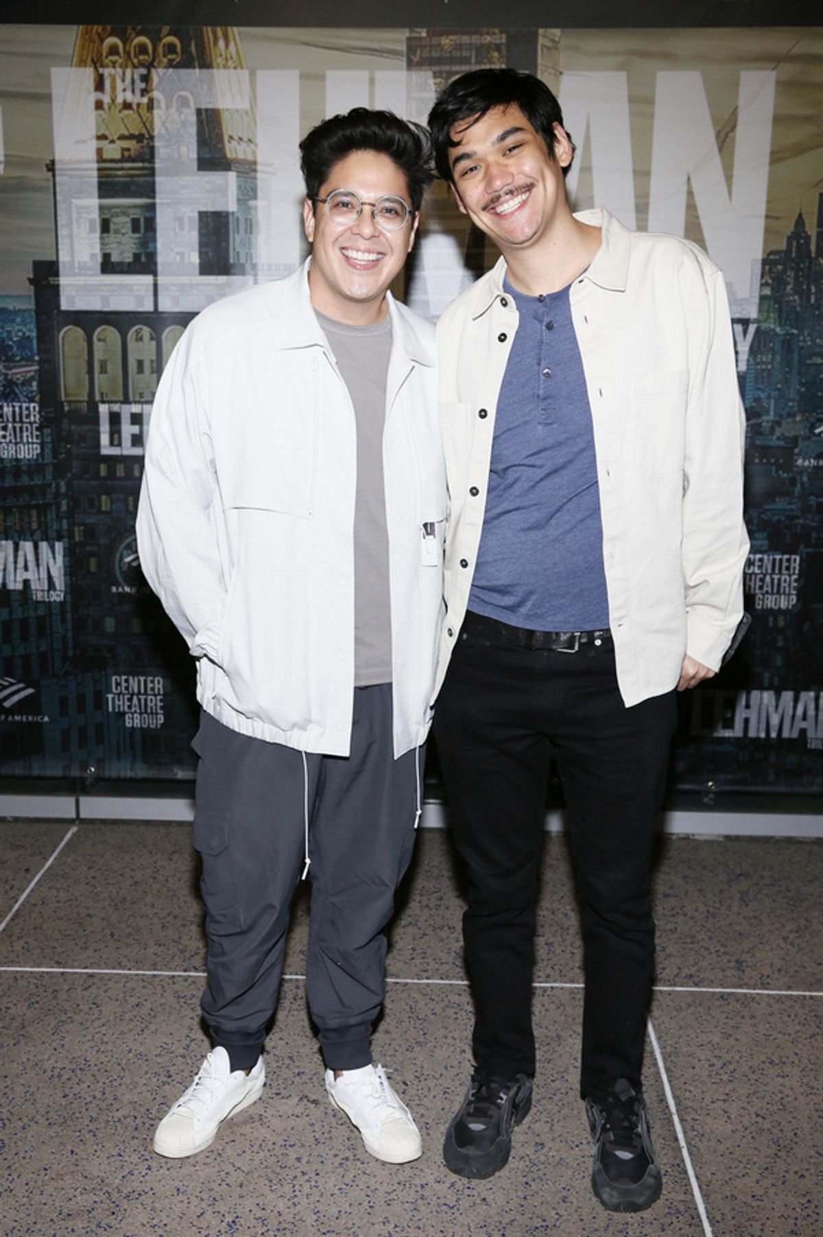 From left, actor George Salazar and Sam Levin arrive for the opening night performance of ?The Lehman Trilogy? at Center Theatre Group/Ahmanson Theatre on March 6, 2022, in Los Angeles, California. (P at 