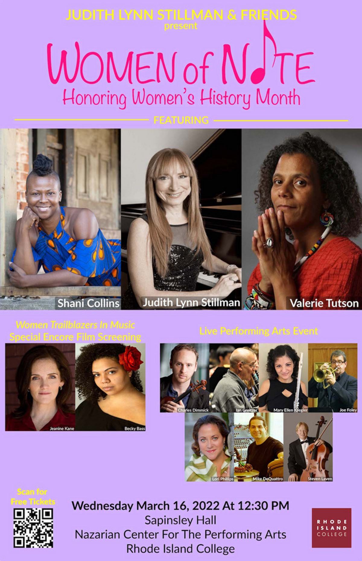 Scan the QR code for free tickets to Judith Lynn Stillman''s Women of Note on March 16th at 12:30 PM. This Women''s History Month event features world premiere performances by dancer Shani Collins and s at Trailblazing Women to Perform in Judith Lynn Stillman's WOMEN OF NOTE