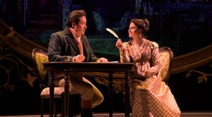 John Dashwood (Nick Nakashima) and wife Fanny (Melissa WolfKlain) scheme about plans for the Dashwood estate Norland @ BroadwayWorld John Dashwood (Nick Nakashima) and wife Fanny (Melissa WolfKlain) scheme about plans Photo