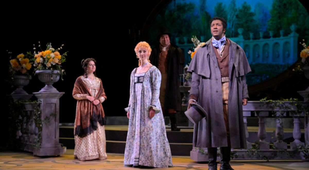 L-R - Fanny (Melissa WolfKlain) and Elinor Dashwood (Sharon Rietkerk) are visited at Norland by Edward Ferrars (Darrell Morris Jr.), as John Dashwood (Nick Nakashima " back) looks on at 