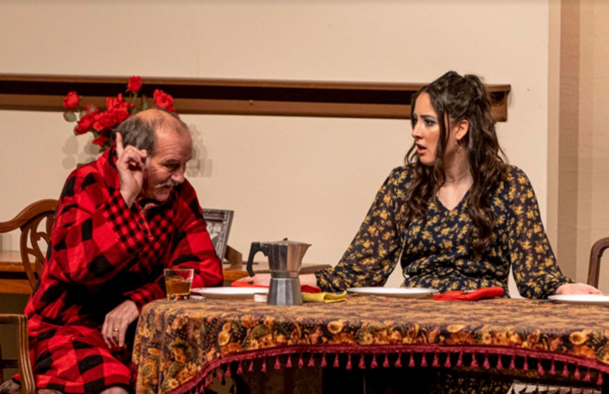 Vince (Noel O’Neill, left) gets to the point with Linda (Indiana Powell) at Photos: SPAGHETTI FROM GRACELAND playing at Harbour Theatre finishes this week!