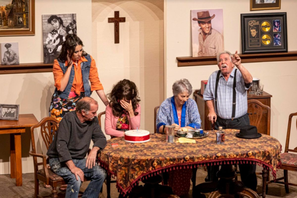 Pop (Rex Gray, right) pontificates yet again, while Vince (Noel O’Neill, left), Linda (Indiana Powell), Rose (Narelle Belle) and Ma (Sharon Menzies) do their best to ignore him at 