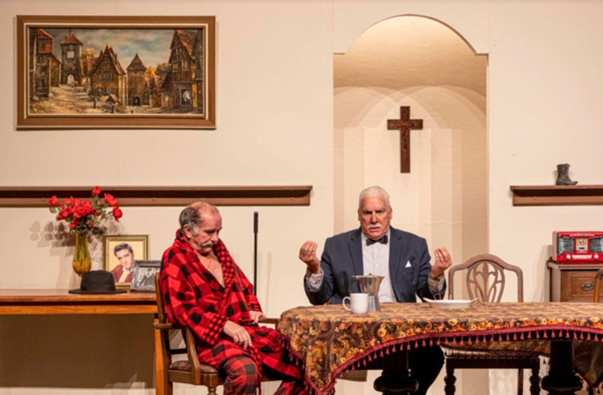 Vince (Noel O’Neill, left) is beyond caring what Tony (Kim Taylor) has to say at 