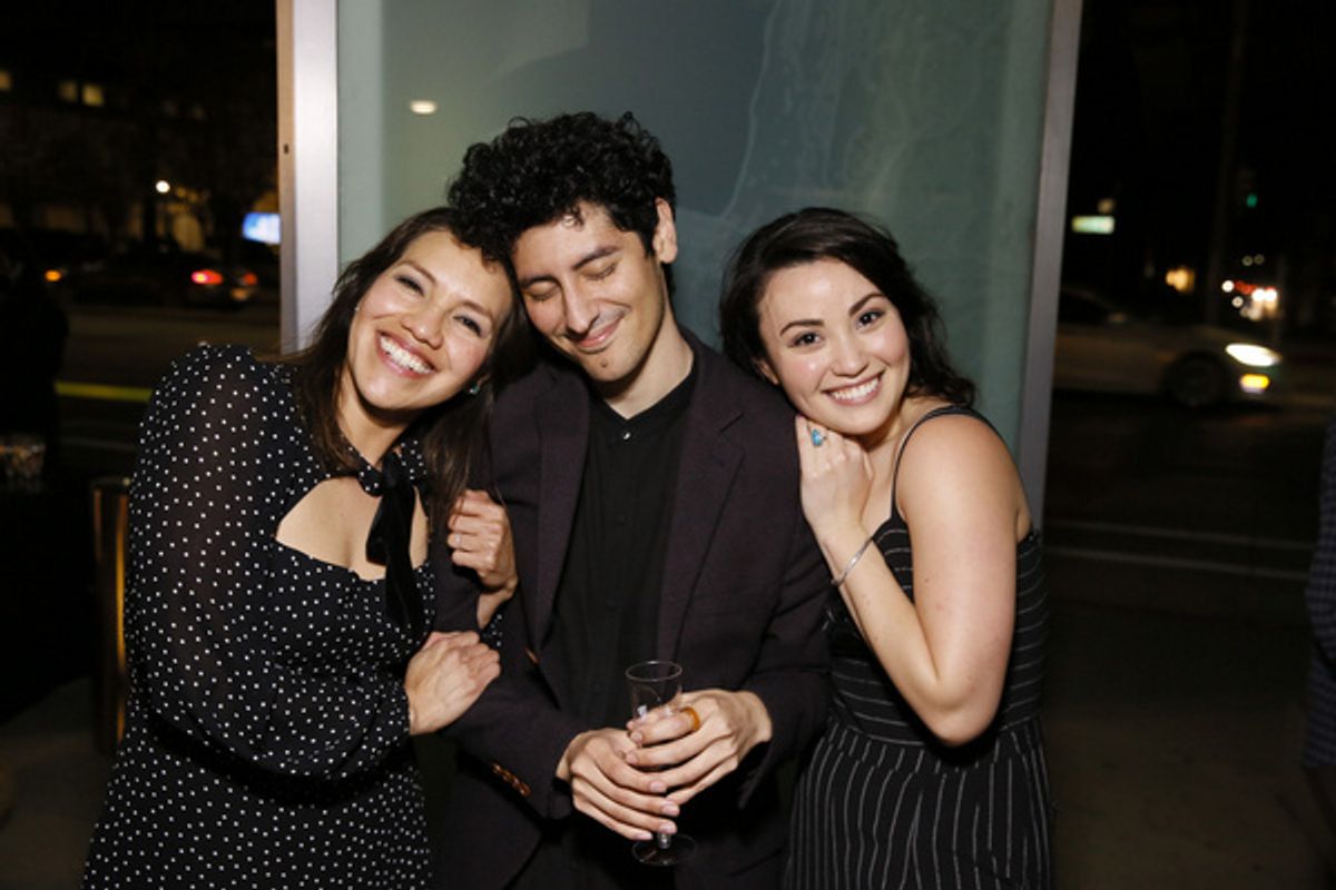 From left, cast member Cheryl Uma a, playwright Benjamin Benne and cast member Sabrina Fest during the champagne toast after the world premiere of ?Alma? at Center Theatre Group?s Kirk Douglas Theatre at 