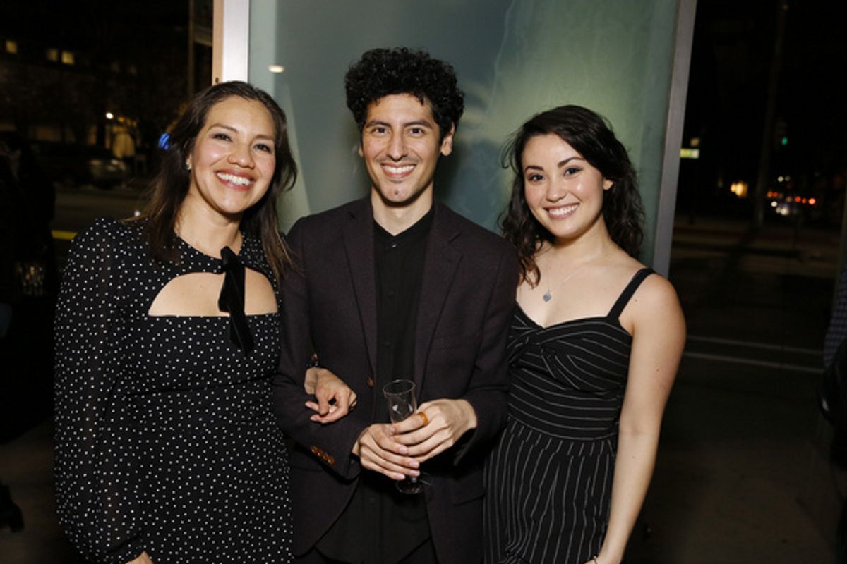 From left, cast member Cheryl Uma a, playwright Benjamin Benne and cast member Sabrina Fest during the champagne toast after the world premiere of ?Alma? at Center Theatre Group?s Kirk Douglas Theatre at 