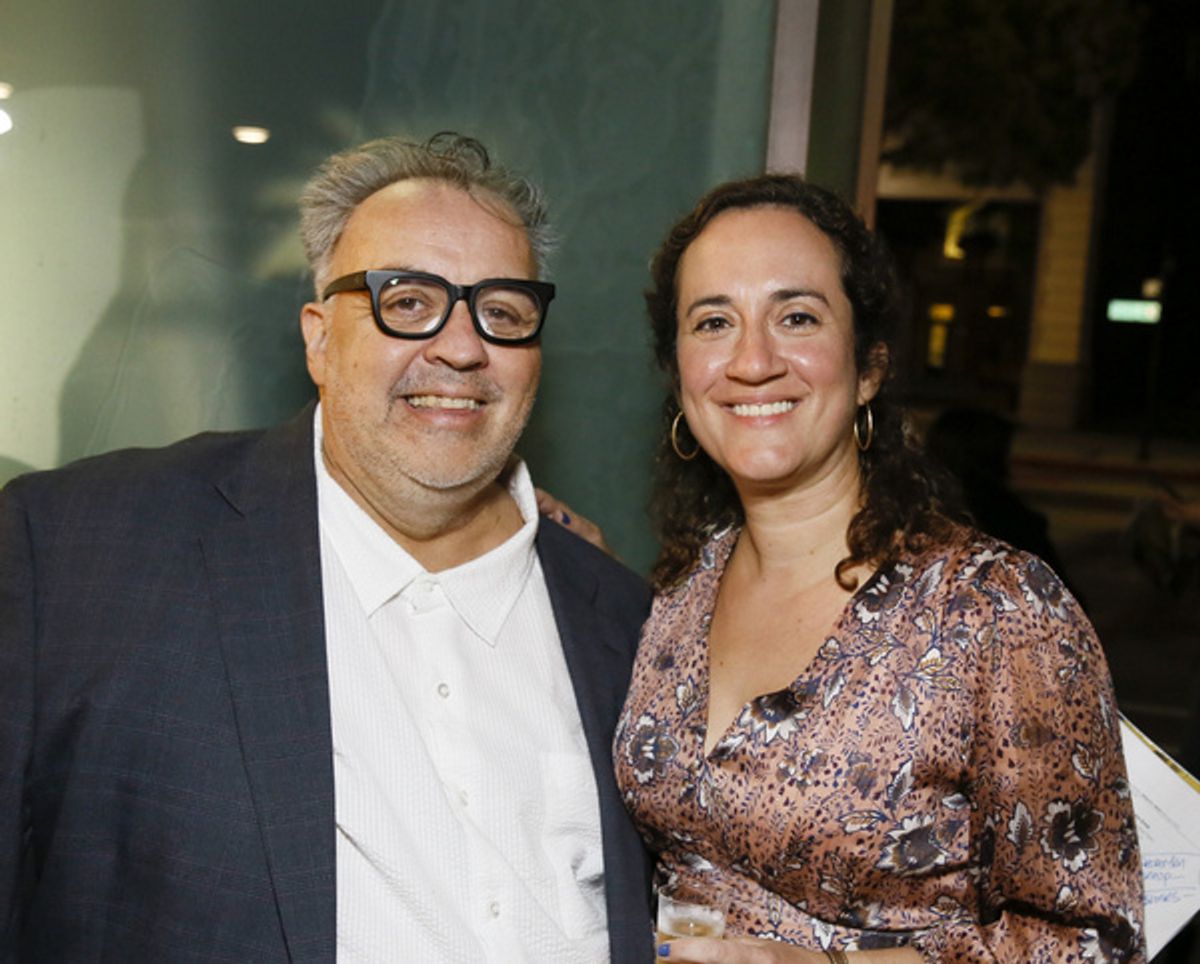 From left, Center Theatre Group Associate Artistic Director Luis Alfaro and Center Theatre Group Managing Director/CEO Meghan Pressman during the champagne toast after the world premiere of ?Alma? at  at 