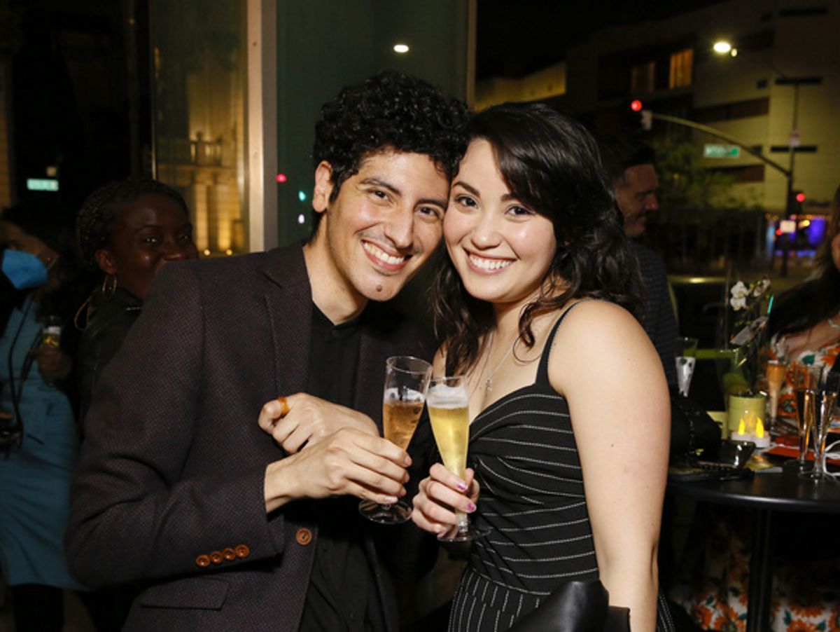 From left, playwright Benjamin Benne and cast member Sabrina Fest during the champagne toast after the world premiere of ?Alma? at Center Theatre Group?s Kirk Douglas Theatre on March 13, 2022, in Cul at 