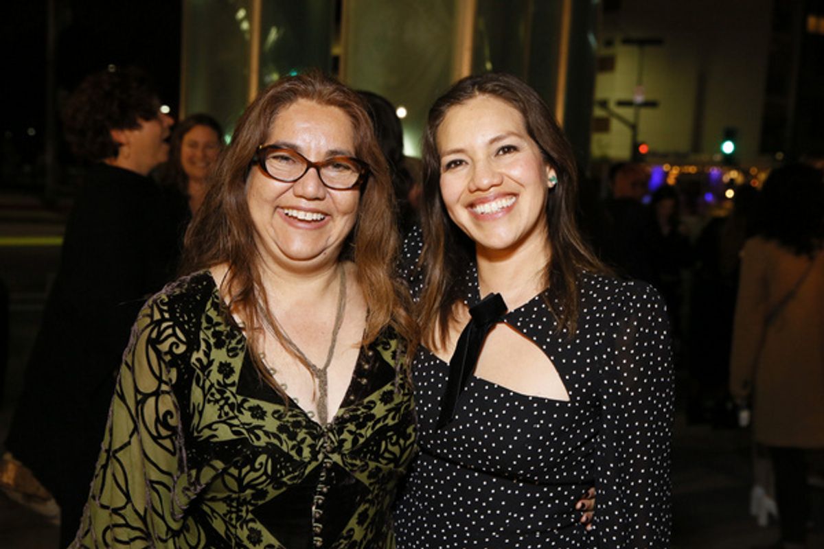 From left, Director Juliette Carrillo and cast member Cheryl Uma a during the champagne toast after the world premiere of ?Alma? at Center Theatre Group?s Kirk Douglas Theatre on March 13, 2022, in Cu at 