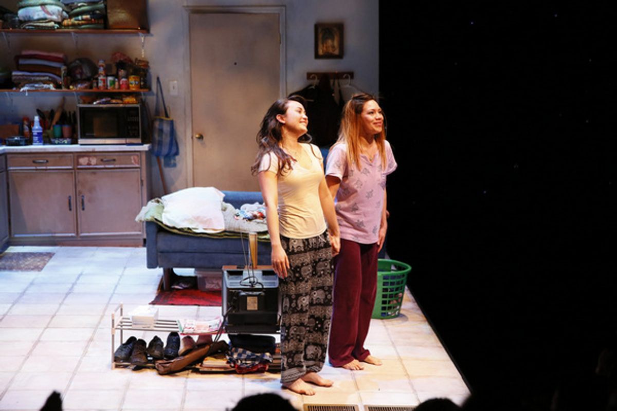 From left, cast members Sabrina Fest and Cheryl Uma a during the curtain call for the world premiere of ?Alma? at Center Theatre Group?s Kirk Douglas Theatre on March 13, 2022, in Culver City, Califor at 