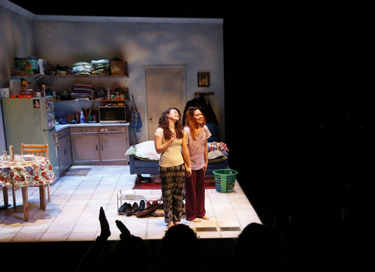 From left, cast members Sabrina Fest and Cheryl Uma a during the curtain call for the world premiere of ?Alma? at Center Theatre Group?s Kirk Douglas Theatre on March 13, 2022, in Culver City, Califor at 