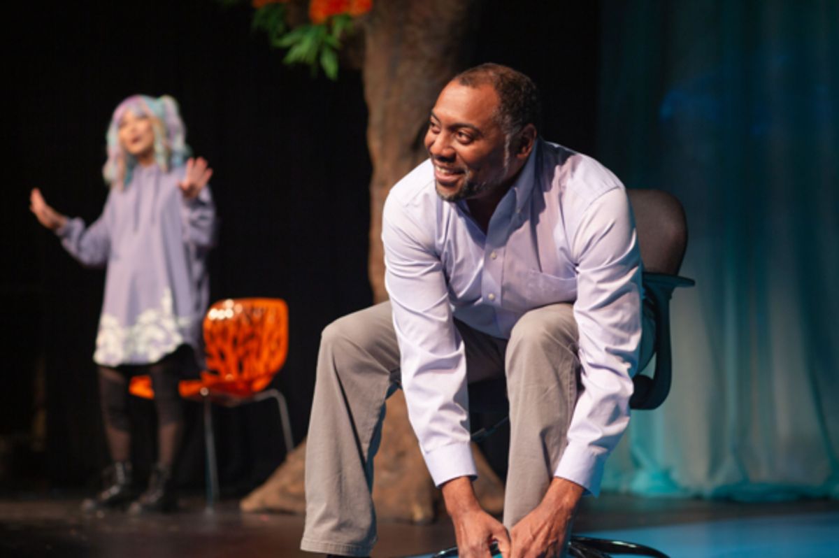 Chutes&Ladders (Dorian Lockett*, right) connects across cyberspace with Orangutan (Sango Tajima) at 