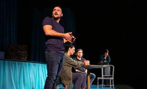 Elliot Ortiz (Xander DeAngeles*) arrives at a meeting between his mother Odessa Ortiz (Lisa Ramirez*) and Fountainhead (Ben Euphrat*) as Yazmin Ortiz (Lara Maria*) looks on. @ BroadwayWorld Elliot Ortiz (Xander DeAngeles*) arrives at a meeting between his mother Odessa Ortiz Photo