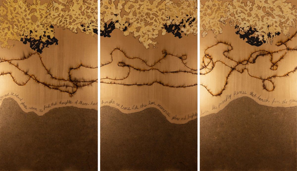 Her Golden Hour, by Mira Lehr (2021). Burned and dyed Japanese paper, ignited fuses, gunpowder, charcoal handwriting on wood panels (84? x 153?). at Photos: Women's History Month Art Event To Honor Eco-Feminist Artist Mira Lehr At The Kimpton EPIC Hotel Miami