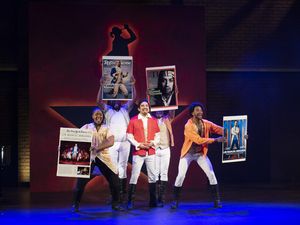 Lin-Manuel as Hamilton is In The Hype. Left to right: Summer Greer, Dedrick Bonner, Andrew Puente, Cornelius Jones Jr., and Marqell Edward Clayton, Photo Courtesy of Musical Theatre West. Credi @ BroadwayWorld Lin-Manuel as Hamilton is In The Hype. Left to right: Summer Greer, Dedrick Bonner Photo