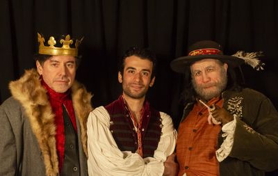 John Ramaine as King Henry IV, Michael DeFilippis as Hal and Joshua Koehn as Sir John Photo