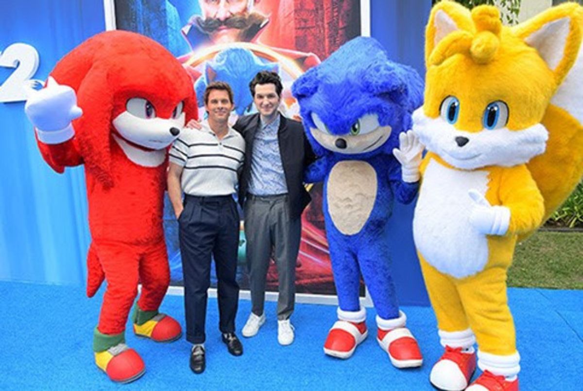 Knuckles the Echidna, James Marsden, Ben Schwartz, Sonic the Hedgehog, and Super Sonic at 