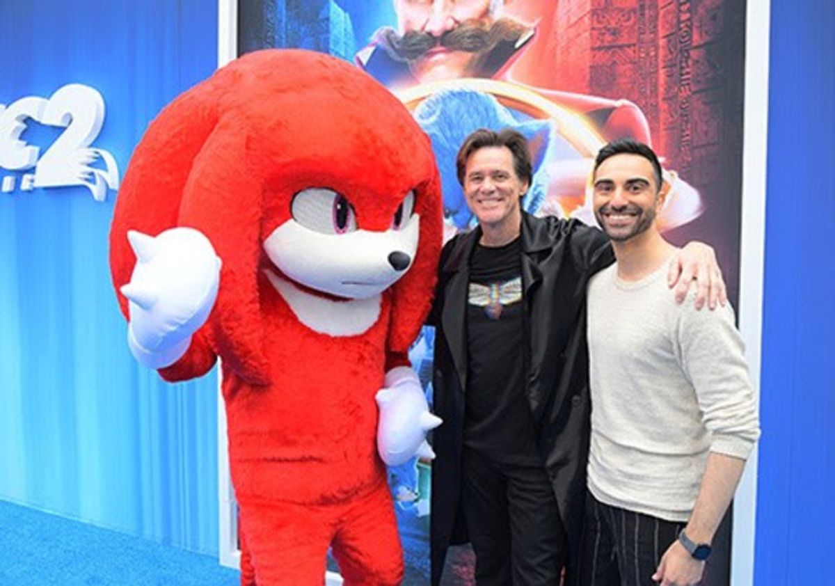 Knuckles the Echidna, Jim Carrey, and Lee Majdoub at 