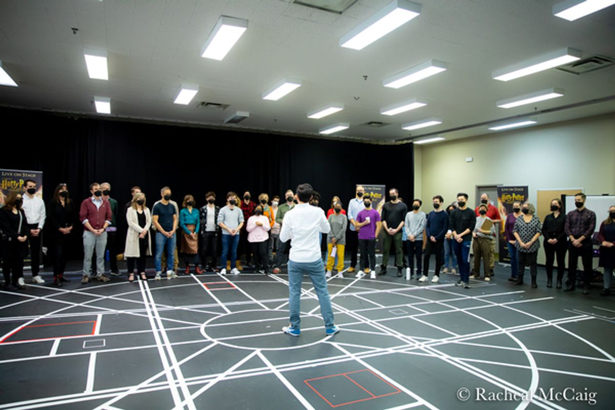 The Associate Director welcoming the cast, crew and media to the first day of  rehearsal. at Photos: The Company Of HARRY POTTER AND THE CURSED CHILD Meets The Press In Toronto