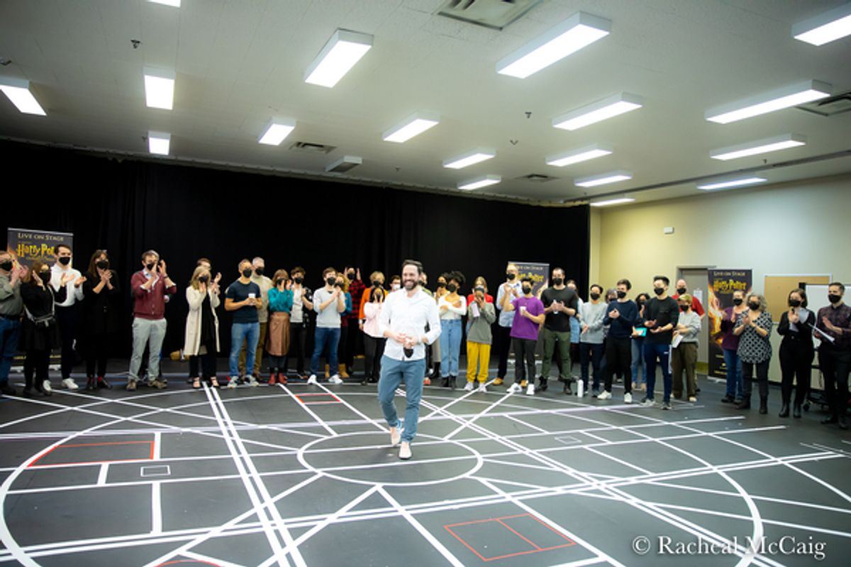 The Associate Director welcoming the cast, crew and media to the first day of  rehearsal. at Photos: The Company Of HARRY POTTER AND THE CURSED CHILD Meets The Press In Toronto