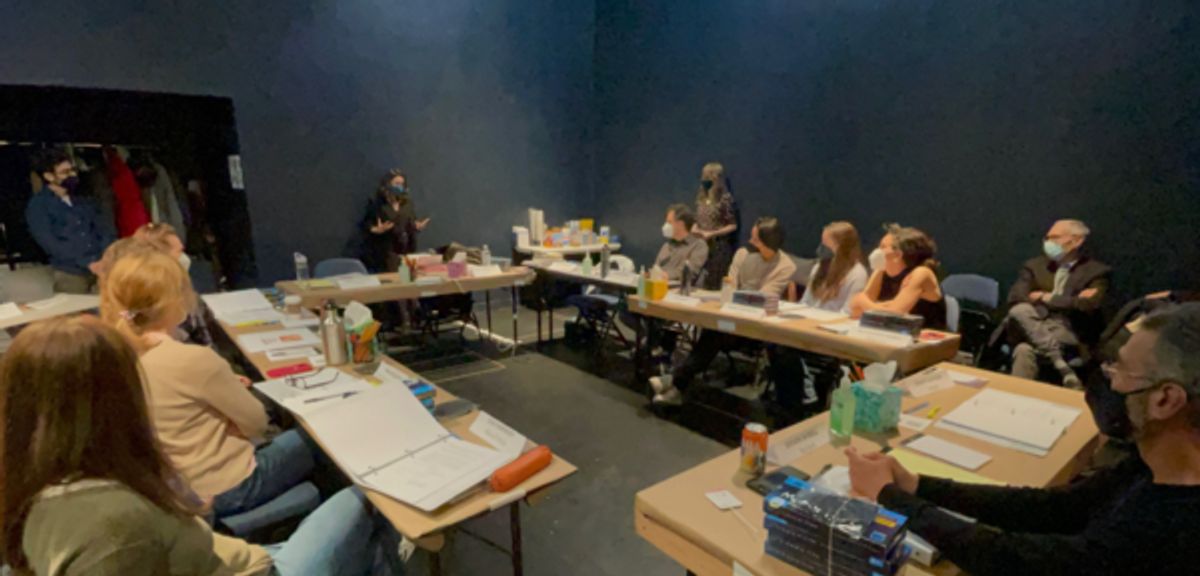 Playwright Karen Hartman addresses the cast.  at 