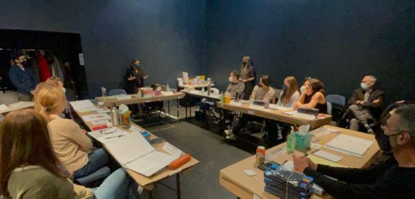 Playwright Karen Hartman addresses the cast.  Photo