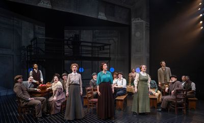 L-R: Kelty Morash, Emma Rose Brooks and Sophie Murk, with the cast of Titanic The Mus Photo