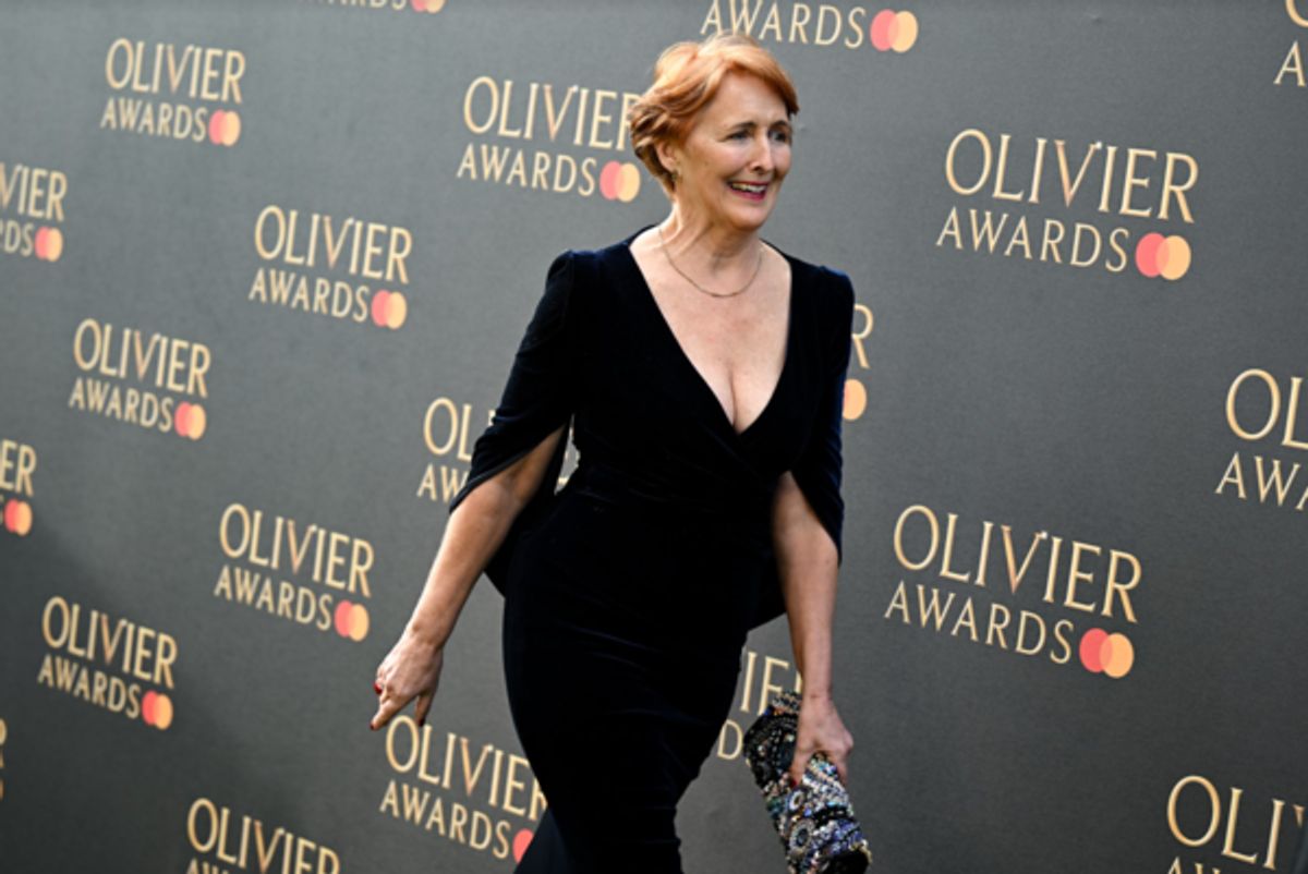 Fiona Shaw on the Green Carpet at the Olivier Awards. 
Photo Credits: Getty.  at 