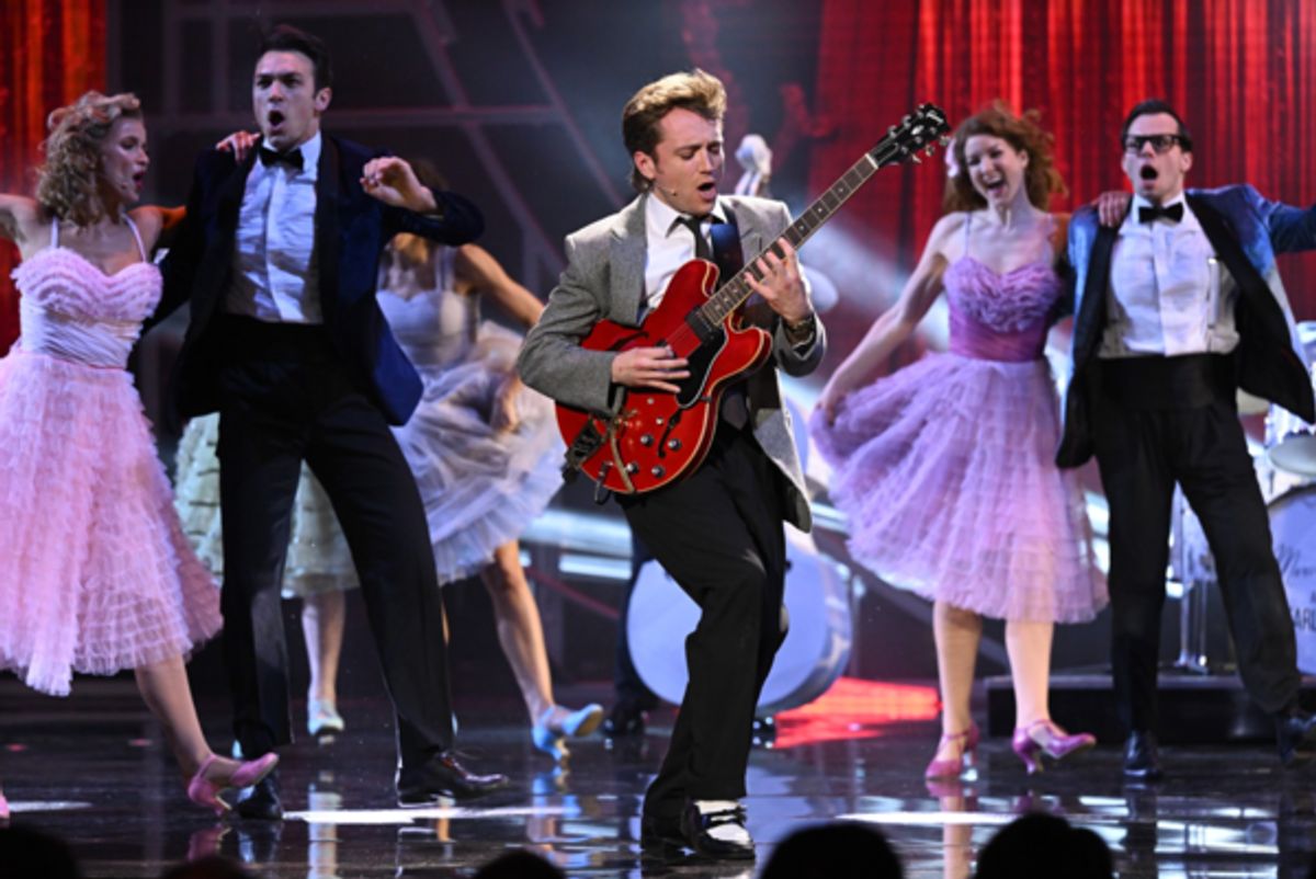 The cast of Back to the Future: The Musical perform at the Olivier Awards. 
Photo Credits: Jeff Spicer for Getty. at Photos: Inside Look at the Green Carpet, Performances, and Winners at THE OLIVIER AWARDS