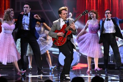 The cast of Back to the Future: The Musical perform at the Olivier Awards. 
Photo Cre Photo