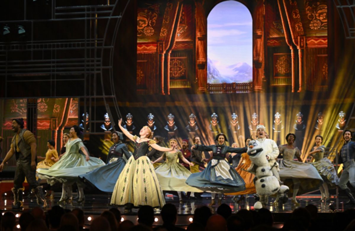 The cast of Frozen performing at the Olivier Awards. 
Photo Credits: Jeff Spicer for Getty. at Photos: Inside Look at the Green Carpet, Performances, and Winners at THE OLIVIER AWARDS