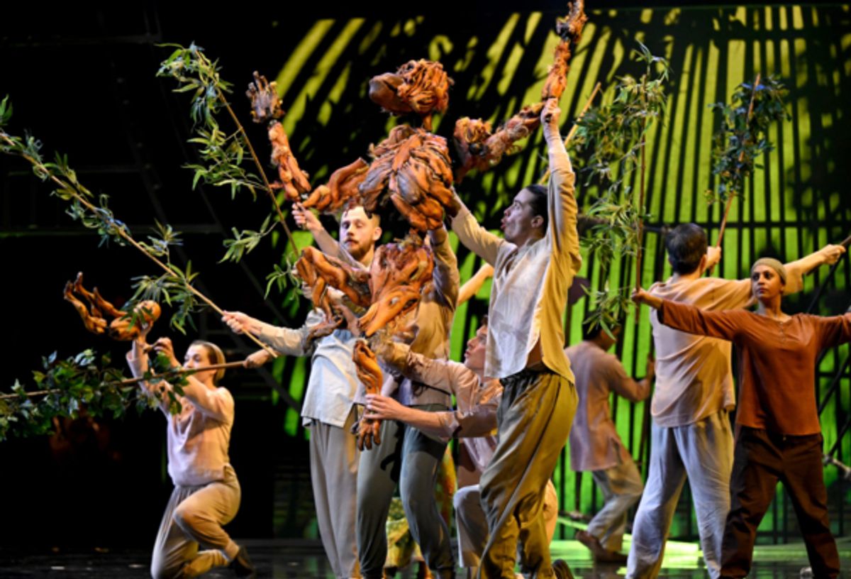 The cast of Life of Pi performing at the Olivier Awards. 
Photo Credits: Jeff Spicer for Getty. at Photos: Inside Look at the Green Carpet, Performances, and Winners at THE OLIVIER AWARDS