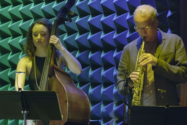 Hannah Marks on double bass and Ted Nash on soprano saxophone Photo