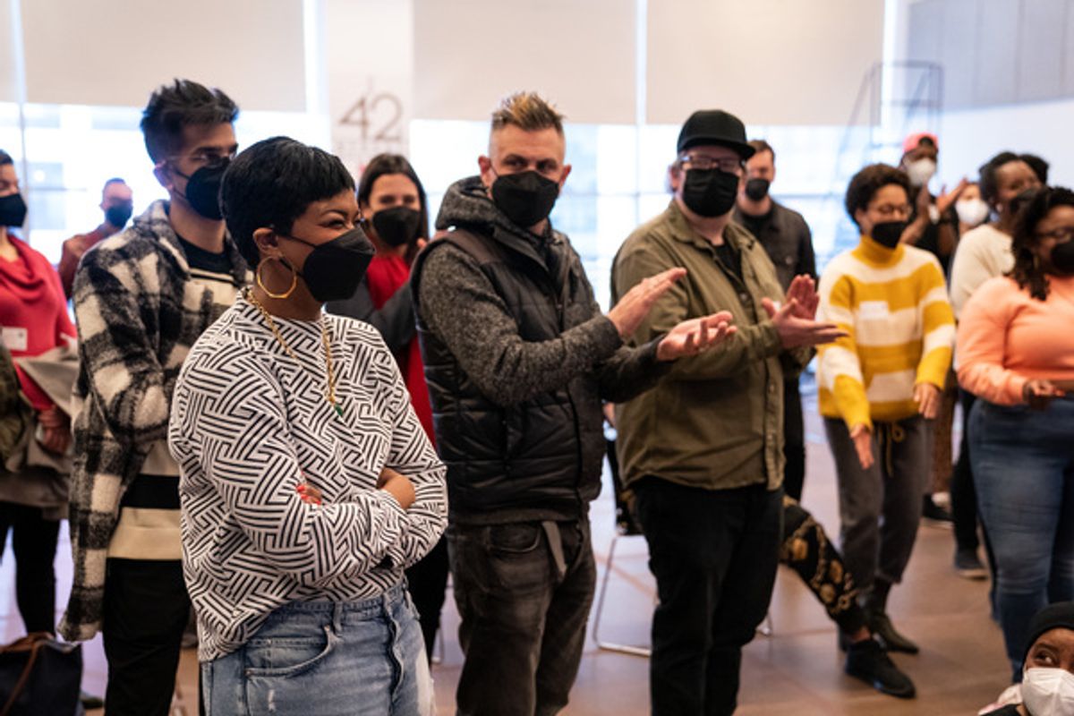 Hair, Make-Up, and Wig Designer Mia Neal with members of the company
of 1776 at 